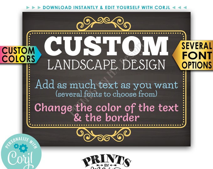Custom Poster, Choose Your Text & Colors, Ornate Border, PRINTABLE 8x10/16x20” Chalkboard Style Landscape Sign <Edit Yourself with Corjl>
