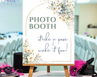 Photo Booth Sign, Strike a Pose and Make it Fun, PRINTABLE 8x10/16x20” White Flowers Sign <ID>