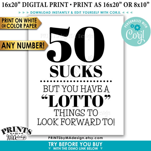 Lottery Birthday Sign, Lotto Things to Look Forward To, Bday Gift, Custom PRINTABLE 8x10/16x20" B&W Sign <Edit Yourself with Corjl>