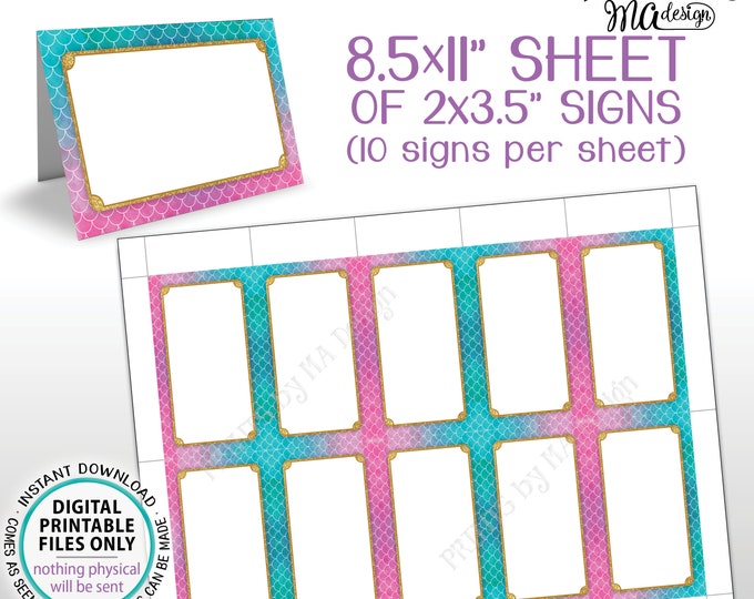 Mermaid Place Cards, Food Labels, Table Tent Buffet Menu, Name Tags, BLANK Watercolor Style 3.5x2" Signs on PRINTABLE 8.5x11” Sheet <ID>