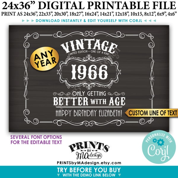 Vintage Birthday Sign, Better with Age Liquor Themed Party, Custom PRINTABLE 24x36” Chalkboard Style Sign <Edit Yourself w/Corjl>