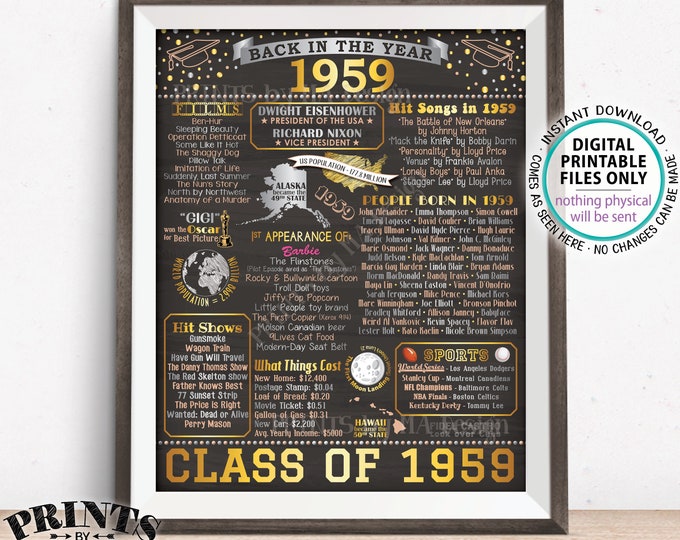Back in 1959 Sign, Class of 1959 Reunion Poster Board, Flashback to 1959 Graduating Class, PRINTABLE 16x20” Decoration <ID>