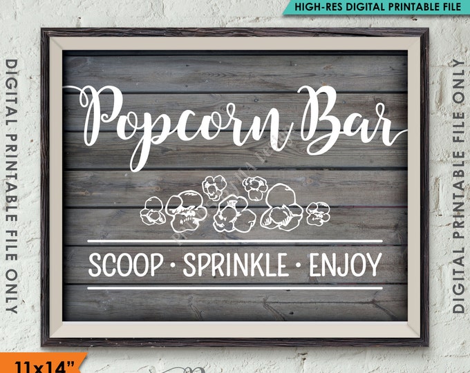 Popcorn Bar Sign, Popcorn Bar Directions, Wedding Popcorn Toppings, Birthday, 11x14" Rustic Wood Style Instant Download Digital Printable