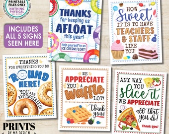 Teacher Appreciation Signs, Ice Cream Floats, Sweet Treats, Bagels, Waffles, Pizza, Bundle of Five PRINTABLE 8x10” Appreciate Signs <ID>