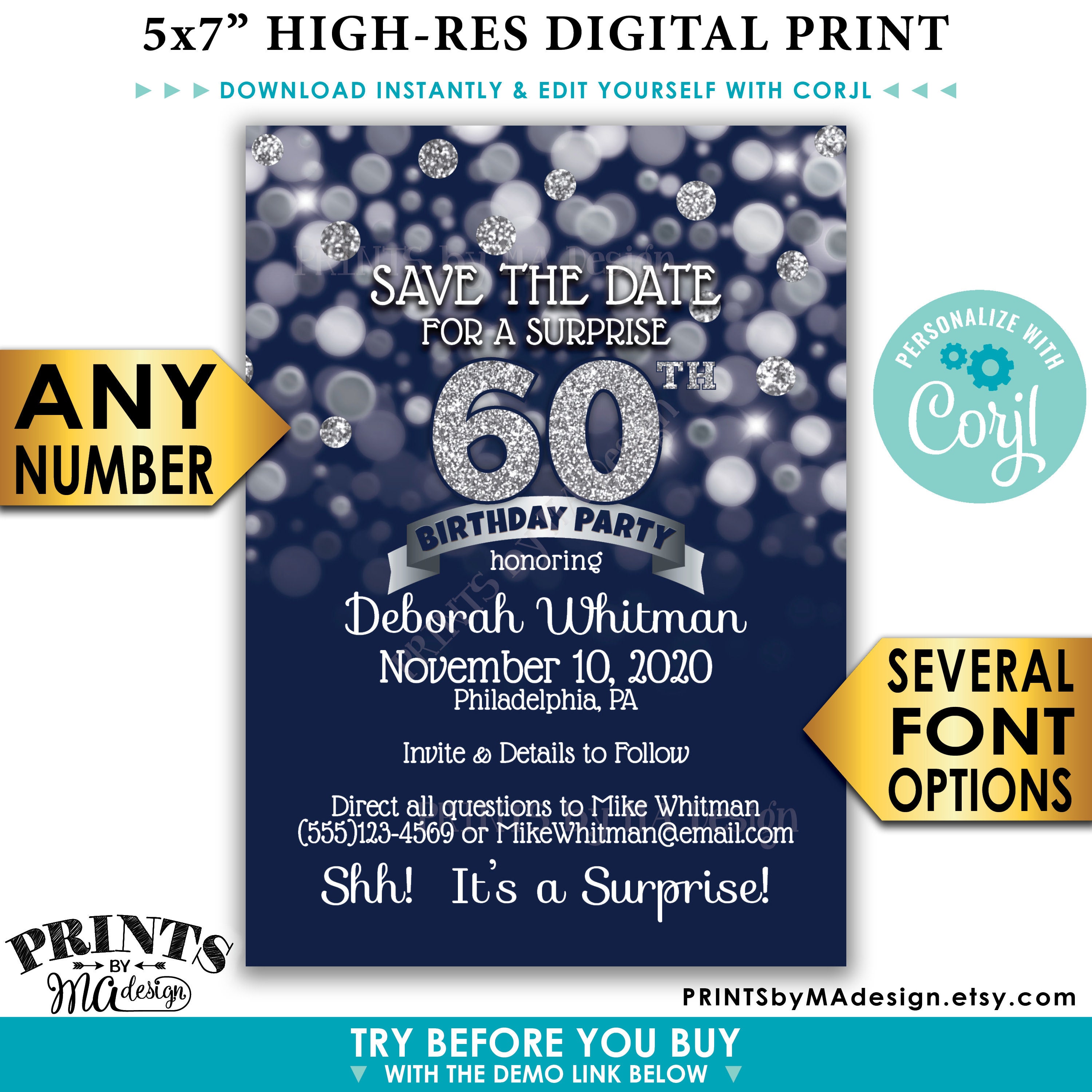 Navy Blue Silver Glitter Surprise Birthday Party Save The Date Printable 5x7 Surprise ay Std Invite Card Navy Blue Silver Glitter Surprise Birthday Party Save The Date Printable 5x7 Surprise ay Std Invite Card