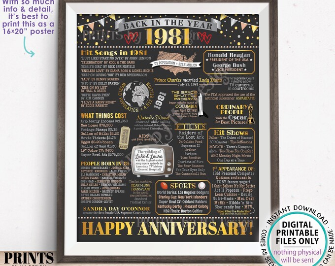 Back in the Year 1981 Anniversary Sign, Flashback to 1981 Anniversary Decor, Anniversary Gift, PRINTABLE 16x20” Poster Board <ID>