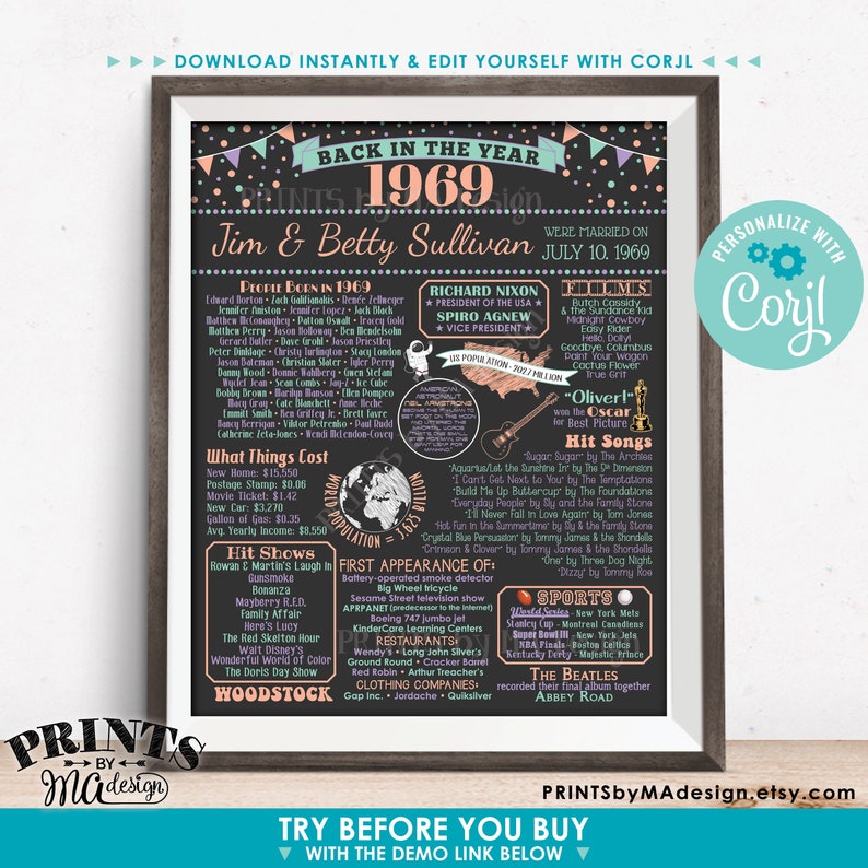 Custom PRINTABLE 16x20\u201d 1969 Flashback Sign Birthday Anniversary Reunion Back in 1969 Poster Any Celebration