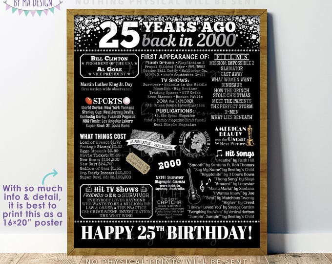 25th Birthday Poster Board, Black & Silver Born in the Year 2000 Flashback 25 years Ago B-day Gift, PRINTABLE 16x20” Back in 2000 Sign <ID>