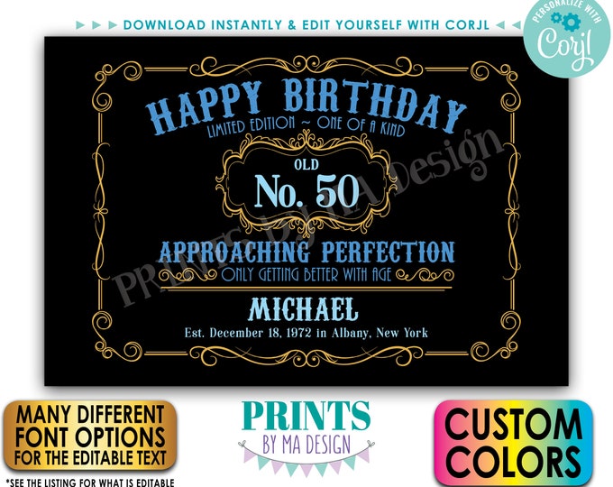 Editable Vintage Birthday Sign, Better with Age Liquor Themed Party, Custom PRINTABLE 24x36” Sign, Black Background <Edit Yourself w/Corjl>