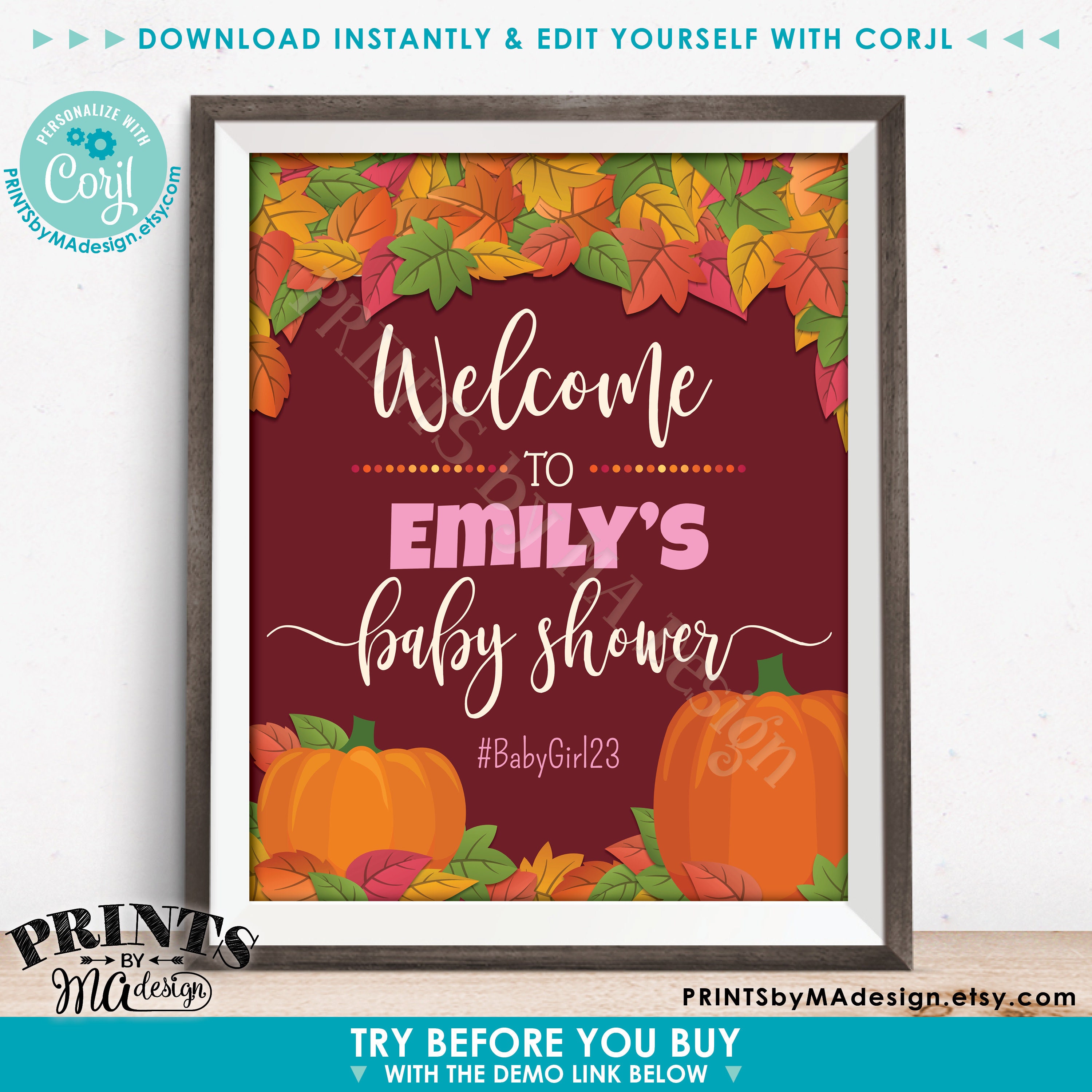 Fall Themed Baby Shower, PRINTABLE 16x20 Editable Sign, Any Color