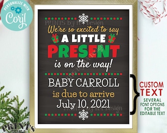 Christmas Pregnancy Announcement, Little Present on the Way, PRINTABLE 8x10/16x20” Xmas Baby Reveal Sign <Edit Yourself with Corjl>