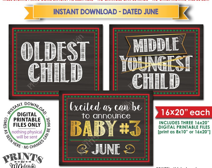 Christmas Themed Pregnancy Announcement, Third Baby Reveal, Oldest Middle Youngest JUNE Dated Chalkboard Style PRINTABLE 3rd Baby Signs <ID>