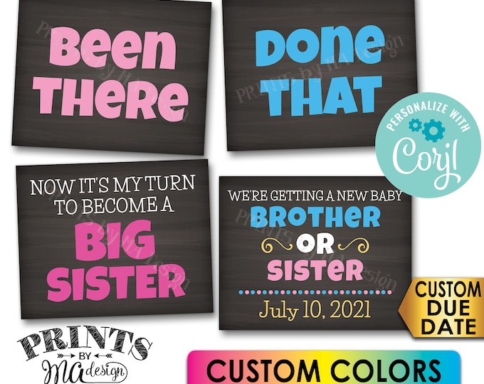 Pregnancy Announcement, Been There, Done That, My Turn to Become a Big Sister, 4 PRINTABLE Baby #4 Reveal Signs <Edit Yourself with Corjl>