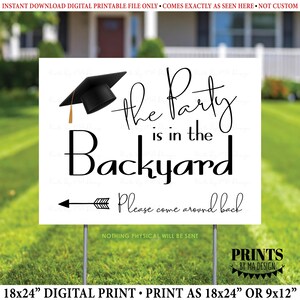 以下が含まれることがあります： 「The Party is in the Backyard」と書かれた黒い文字の白い卒業パーティーのサイン。卒業帽のグラフィックと「Please come around back」を指す矢印が含まれています。サインのサイズは45.72 x 60.96 cmです。
