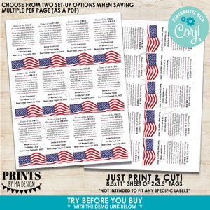 May include: Printable 8.5x11 inch sheet of 2x3.5 inch tags featuring a patriotic design with an American flag and the text "Home of the Free Because of the Brave". The tags are designed to be printed and cut out for use as labels or decorations.