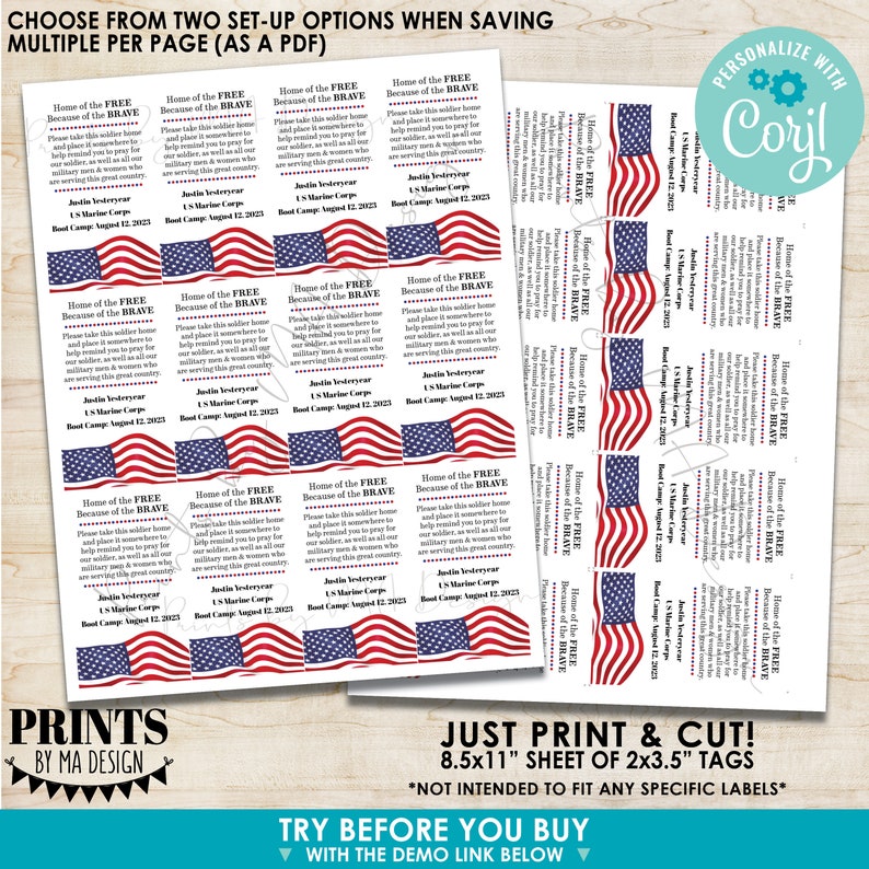 May include: Printable 8.5x11 inch sheet of 2x3.5 inch tags featuring a patriotic design with an American flag and the text "Home of the Free Because of the Brave". The tags are designed to be printed and cut out for use as labels or decorations.