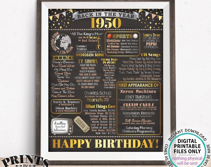 Back in the Year 1950 Birthday Sign, Flashback to 1950 Poster Board, 1950 B-day Gift, Bday Decoration, PRINTABLE 16x20” Sign <ID>