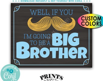 Pregnancy Announcement, If You Mustache I'm Going to be a Big Brother, PRINTABLE Chalkboard Style Sign <Edit Colors Yourself with Corjl>