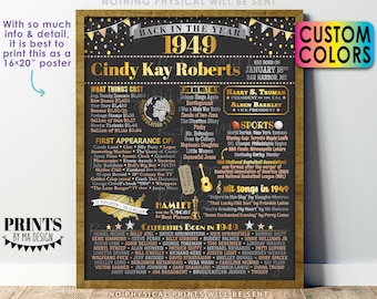 Back in 1949 Birthday Poster Board, Flashback to 1949 Birthday Decoration, B-day Gift, Custom PRINTABLE 16x20” 1949 Sign
