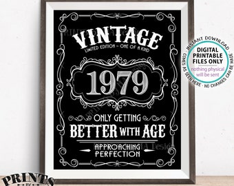 1979 Birthday Sign, Better with Age Vintage Birthday Poster, Whiskey, Aged to Perfection, Black & White PRINTABLE 8x10/16x20” 1979 Sign <ID>