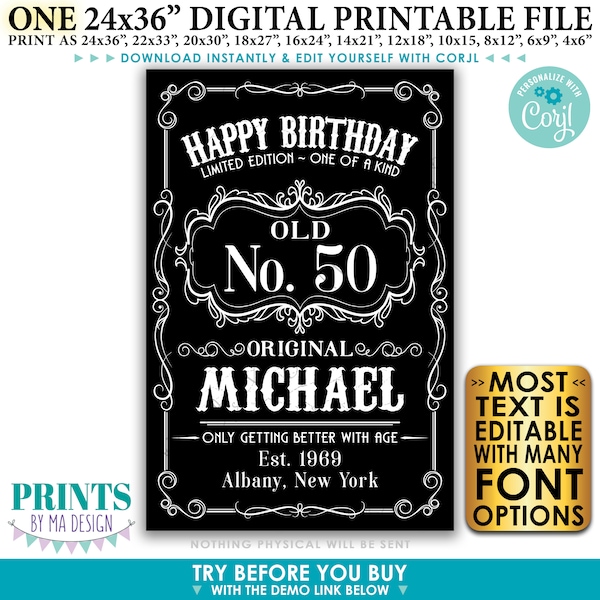 Happy Birthday Sign, Vintage Whiskey Themed Birthday Poster, Better with Age, Custom PRINTABLE 24x36" B&W Sign <Edit Yourself with Corjl>