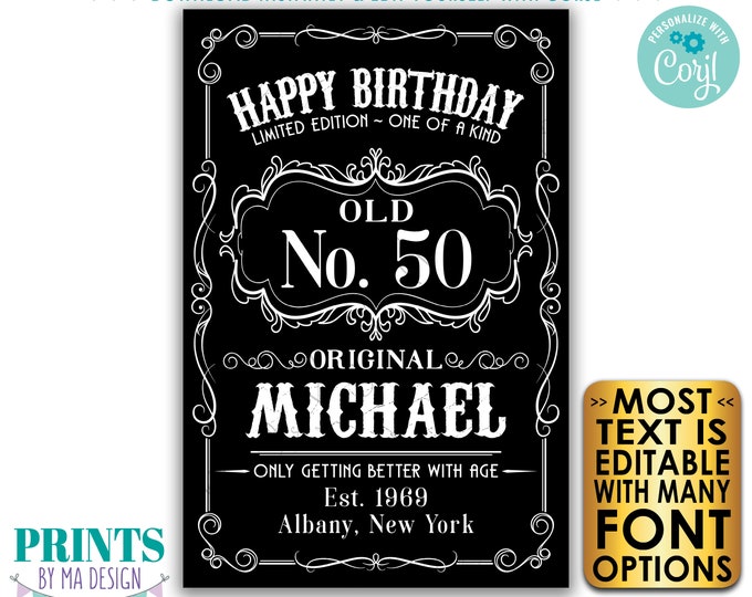 Happy Birthday Sign, Vintage Whiskey Themed Birthday Poster, Better with Age, Custom PRINTABLE 24x36" B&W Sign <Edit Yourself with Corjl>