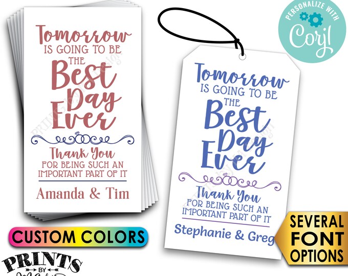 Tomorrow is Going to be the Best Day Ever Rehearsal Dinner Gift Tags/Cards, Color Digital PRINTABLE 8.5x11" File <Edit Yourself with Corjl>