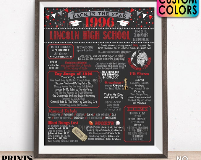 Back in the Year 1996 Poster Board, Class of 1996 Reunion Decoration, Flashback to 1996 Graduating Class, Custom PRINTABLE 16x20” Sign