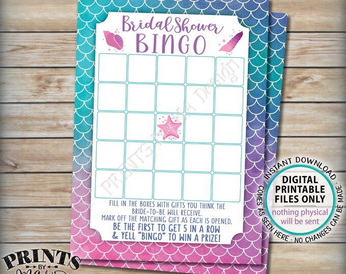 Bridal Shower Bingo, Mermaid Bingo Bridal Shower Game, Wedding Shower, Bachelorette Party, Watercolor Style Digital PRINTABLE 5x7” Card <ID>