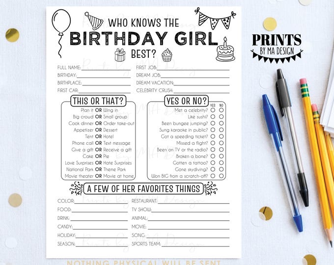 Birthday Party Game, Who Knows the Birthday Girl the Best, How Well do you Know Her B-day Trivia, Digital PRINTABLE 8.5x11” File <ID>