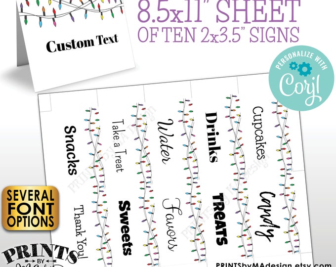 Christmas Place Cards, Multi Color Christmas Lights, Buffet Food, One PRINTABLE 8.5x11" Sheet of 2x3.5" Labels <Edit Yourself with Corjl>