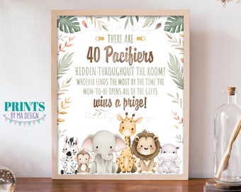 Baby Shower Pacifier Hunt Game Sign, Scavenger Hunt, Find the Pacifiers, PRINTABLE 8x10” Watercolor Style Sign, Safari Baby Animals <ID>