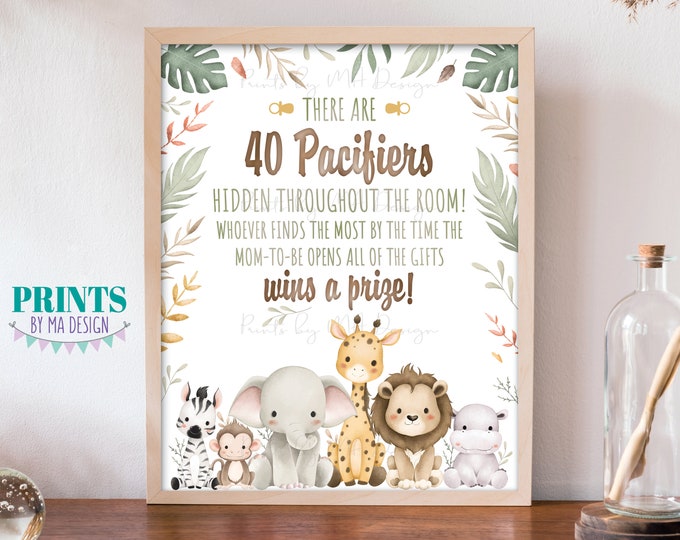 Baby Shower Pacifier Hunt Game Sign, Scavenger Hunt, Find the Pacifiers, PRINTABLE 8x10” Watercolor Style Sign, Safari Baby Animals <ID>
