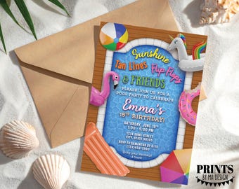 Pool Party Birthday Invite, PRINTABLE 5x7" Bday Invitation, Unicorn, Flamingo, Pool Floats, Digital File