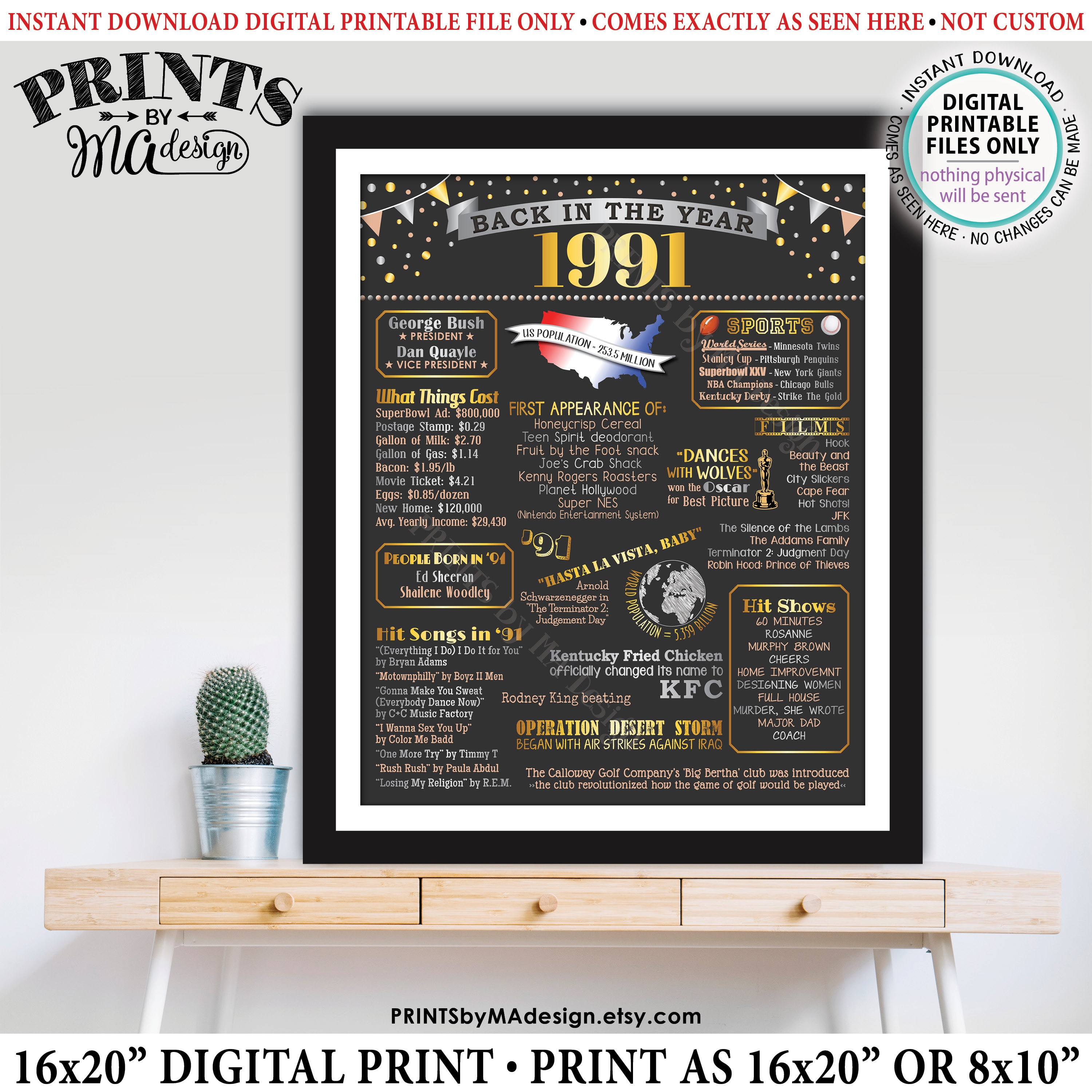 Back in the Year 1991 Poster Board, Remember 1991 Sign, Flashback to ...