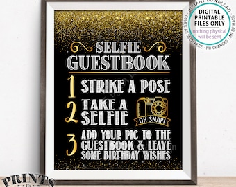 Birthday Selfie Guestbook Sign, Add Your Photo to the Guest Book & Leave Birthday Wishes, Black/Gold PRINTABLE 8x10” Bday Selfie Sign <ID>