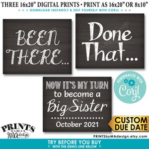 May include: Three 16x20 inch digital prints with chalkboard backgrounds and white text. The prints say "Been There...", "Done That...", and "Now it's my turn to become a Big Sister... October 2021".