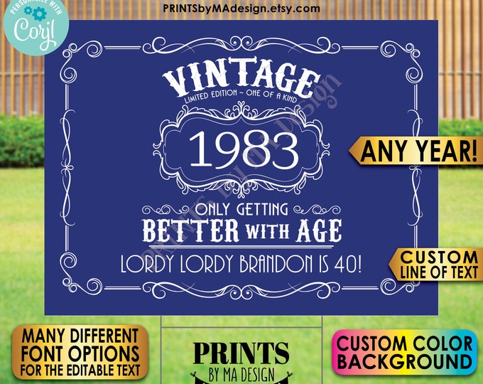 Vintage Birthday Sign, Better with Age Liquor Themed Bday Party, Custom PRINTABLE 18x24” Sign, Any Color Background <Edit Yourself w/Corjl>