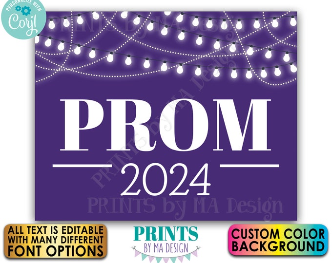 Prom Sign with Lights, High School Decorations, Photo Prop, Custom Text & Background, PRINTABLE 8x10/16x20” Sign <Edit Yourself w/Corjl>