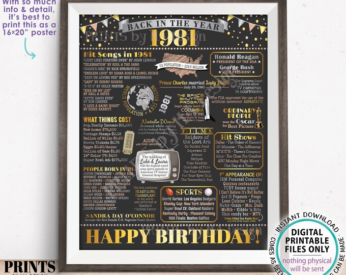 Back in the Year 1981 Birthday Sign, Flashback to 1981 Poster Board, ’81 B-day Gift, Bday Decoration, PRINTABLE 16x20” Sign <ID>