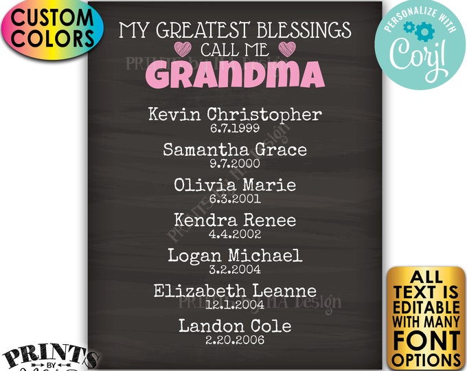My Greatest Blessings Grandparent Gift, Grandma, Grandpa, Grandkids, PRINTABLE Chalkboard Style Grandchildren Sign <Edit Yourself w/Corjl>