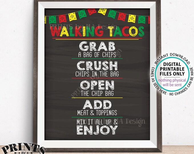 Walking Tacos Sign, Taco Bar Fiesta, Cinco de Mayo, PRINTABLE 16x20” Chalkboard Style Taco Sign <ID>