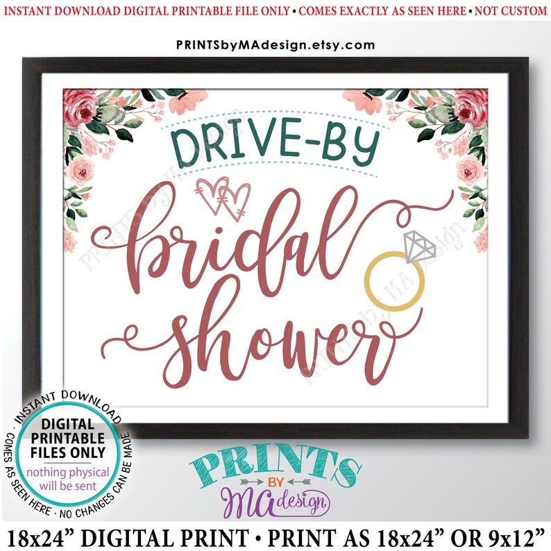 Drive-By Bridal Shower Sign, Wedding Shower Parade, Rose Gold Blush Pink Floral PRINTABLE 18x24 Yard Sign ID image 2