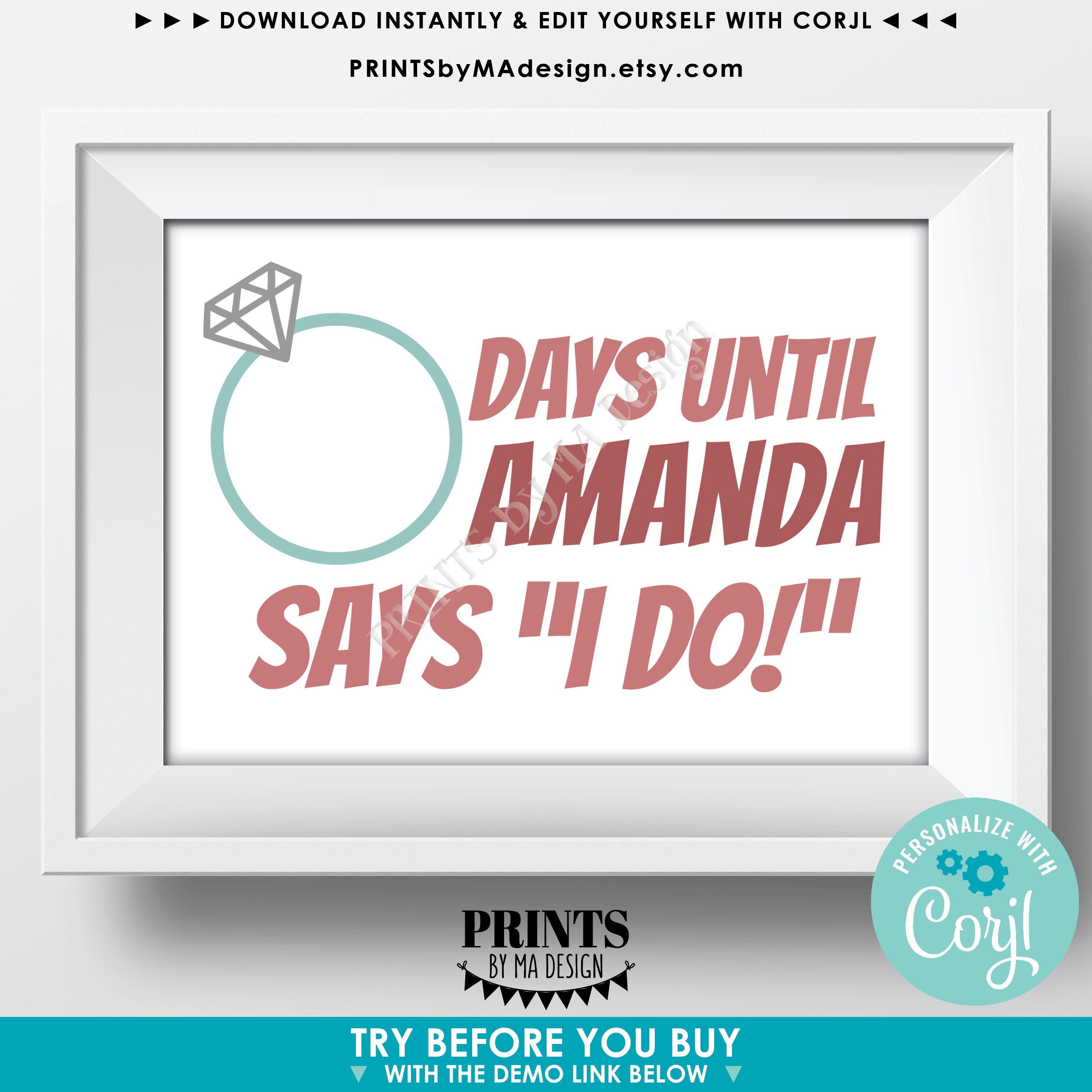 Editable Wedding Countdown Sign, Days Until She