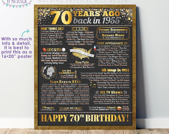 70th Birthday Poster Board, Born in the Year 1955, Flashback 70 Years Ago B-day Gift, PRINTABLE 16x20” Back in 1955 Sign, 70th Gift <ID>
