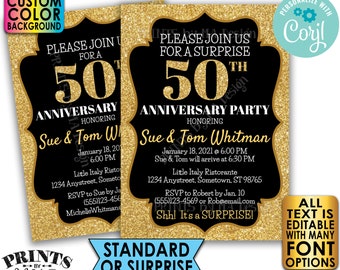 Gold Glitter Anniversary Party Invitation, Surprise or Standard Invite, Custom PRINTABLE 5x7" Digital File <Edit Yourself with Corjl>