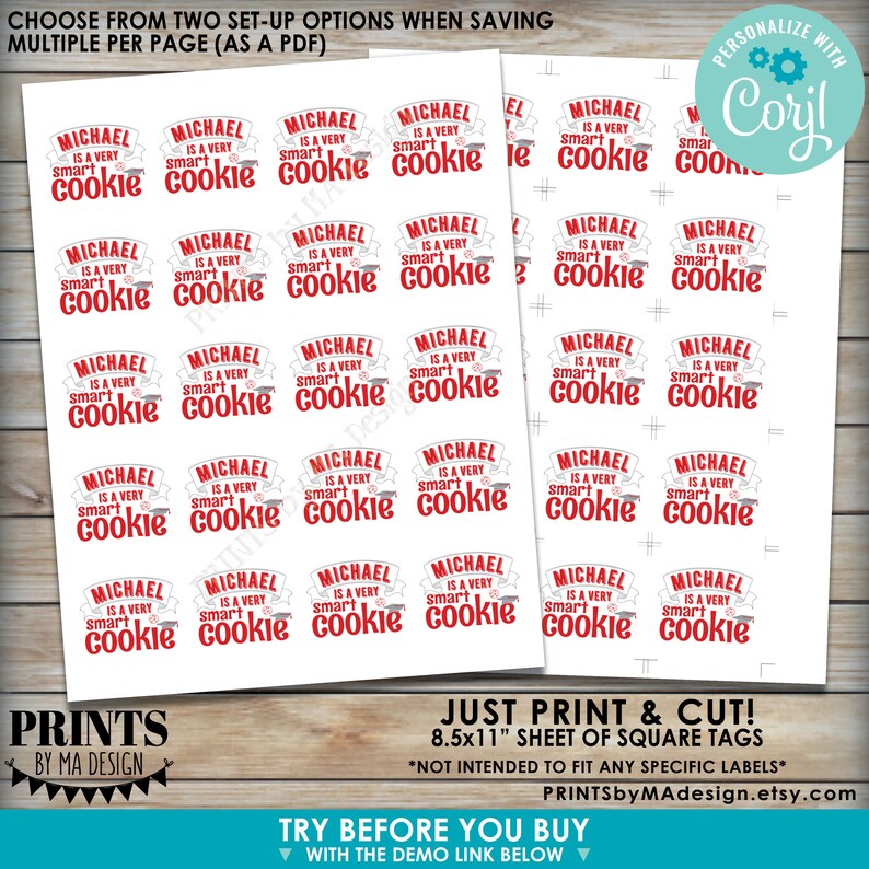 One Smart Cookie Tags/Cards/Labels, Graduation Party Favors, Custom 2" Squares on a 8.5x11" Digital PRINTABLE File <Edit Yourself w/Corjl> image 2