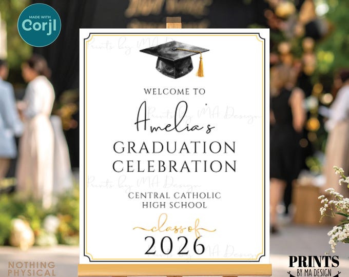 Graduation Party Welcome Sign, Elegant Watercolor Grad Cap, Custom PRINTABLE 8x10/16x20” Grad Decoration <Edit Yourself w/Corjl>