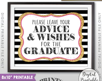 Graduation Advice, Please Leave your Advice and Well Wishes for the Graduate, Black Pink & Gold Glitter Printable 8x10” Instant Download