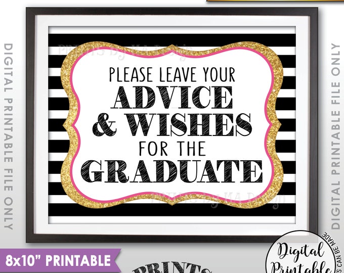 Graduation Advice, Please Leave your Advice and Well Wishes for the Graduate, Black Pink & Gold Glitter Printable 8x10” Instant Download